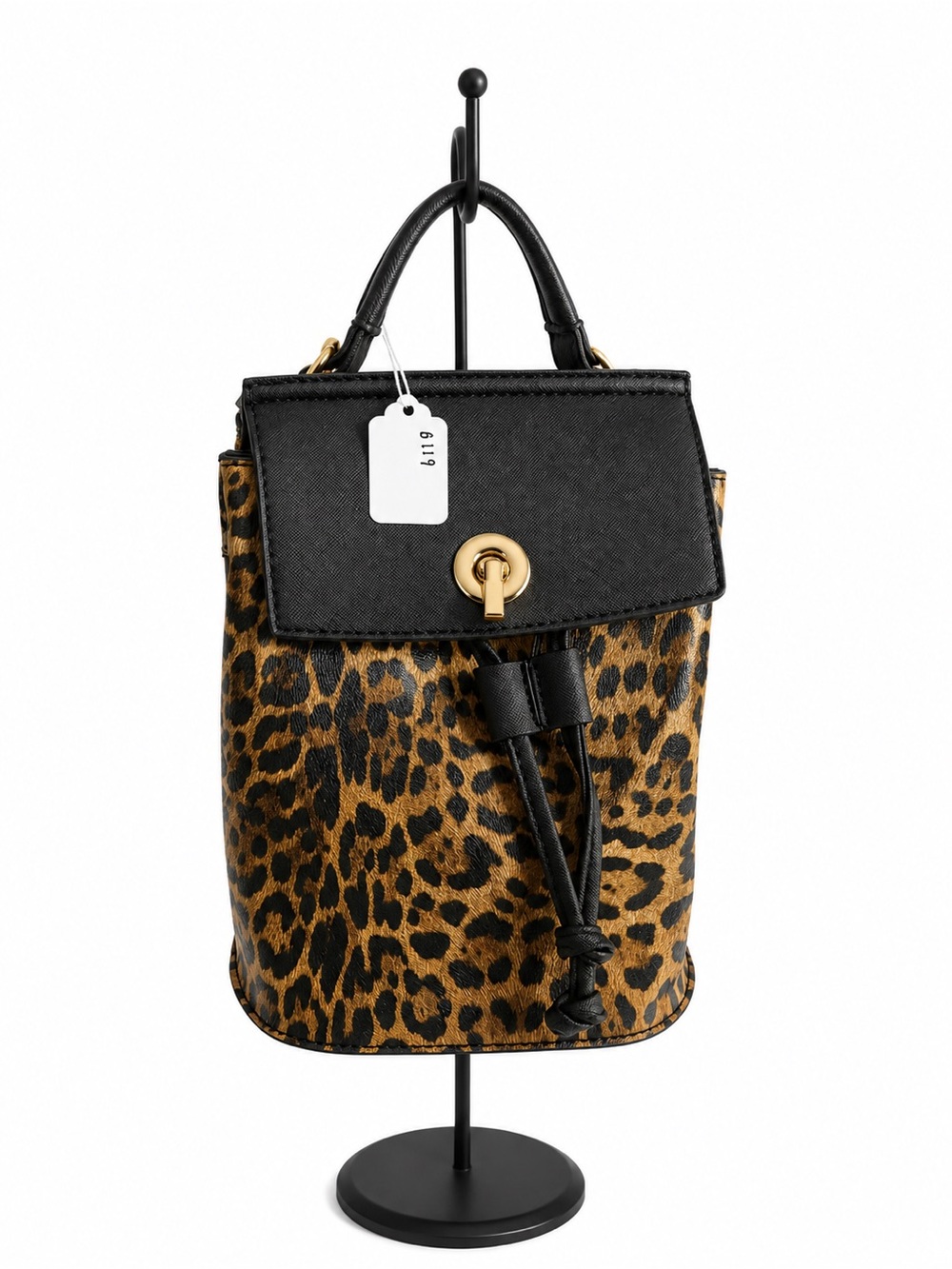 Leopard Print Drawstring Backpack with Black Flap and Gold Hardware